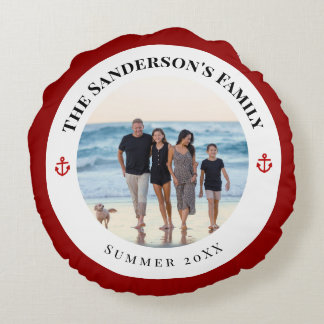 Personalized Photo in Black Circle with Red Anchor Rond Kussen