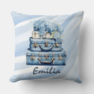 Personalized pillow Vintage suitcases Blue hydrang Kussen
