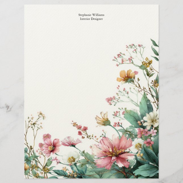 Personalized Pink and Green Wildflowers Florals  Briefhoofd (Voorkant)