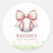 Personalized Pink Baseball Bow Girl Birthday Ronde Sticker (Voorkant)
