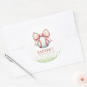 Personalized Pink Baseball Bow Girl Birthday Ronde Sticker (Envelop)
