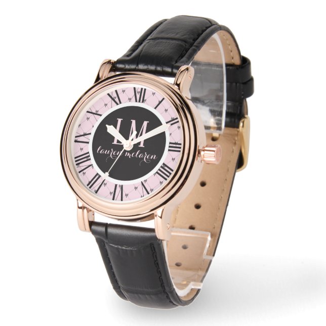 Personalized Pink & Black Bow Horloge (Hoek)