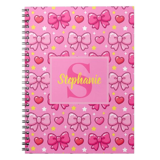 Personalized Pink Bows Hearts Stars Notitieboek (Voorkant)