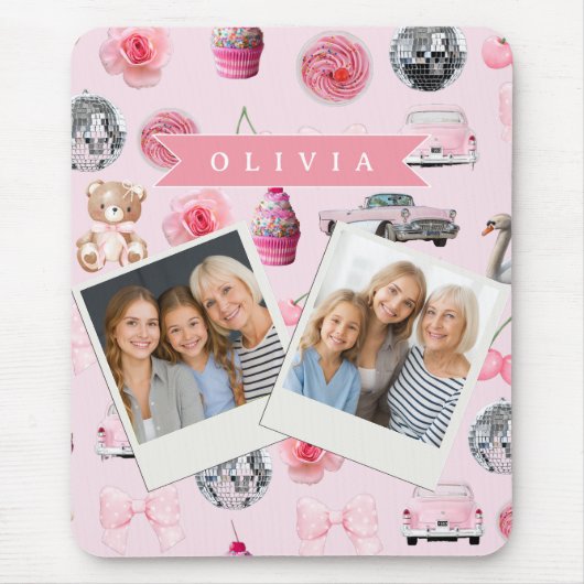Personalized Pink Coquette Retro Cute Teddy Bear  Muismat (Voorkant)