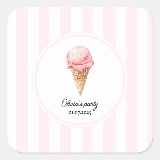 Personalized Pink Ice Cream Cone Party Sticker  (Devant)