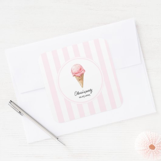 Personalized Pink Ice Cream Cone Party Sticker (Enveloppe)