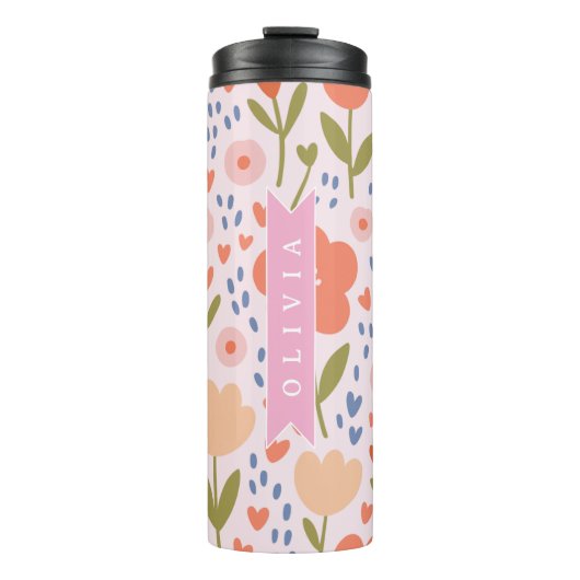 Personalized pink nordic cute folk floral pattern thermosbeker (Voorkant)