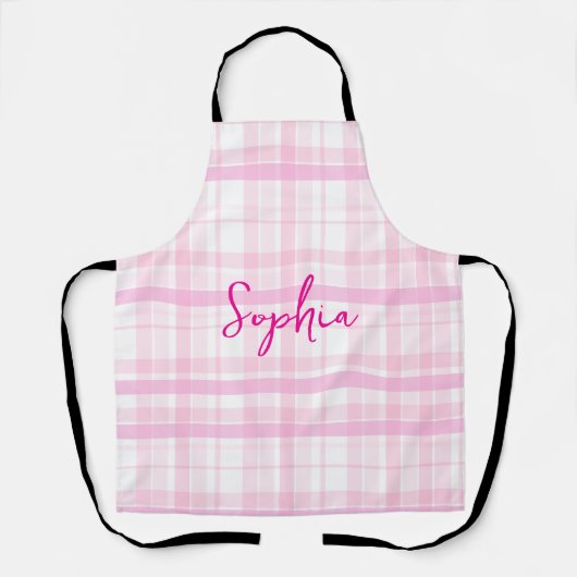 Personalized Pink Plaid Apron   with Name  Schort (Voorkant)