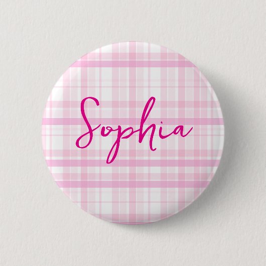 Personalized Pink Plaid button with Name (Voorkant)