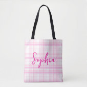 Personalized Pink Plaid Name Tote Bag (Voorkant)
