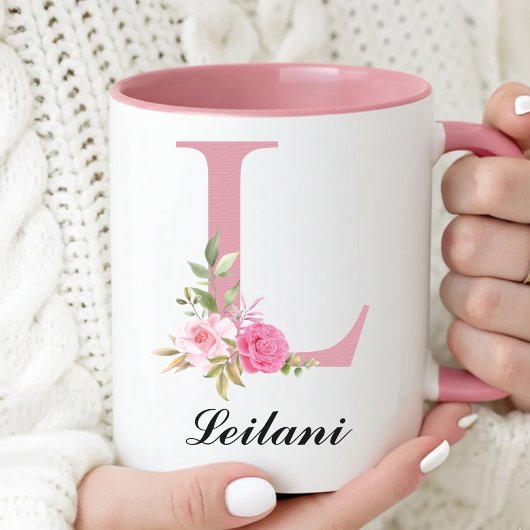 Personalized Pink Roses Monogram Mug Gift for Her
