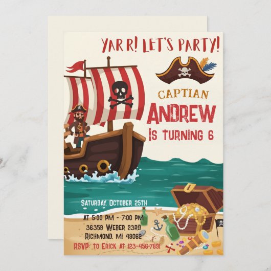 Personalized Pirate Birthday Party Invitation Card (Devant / Derrière)