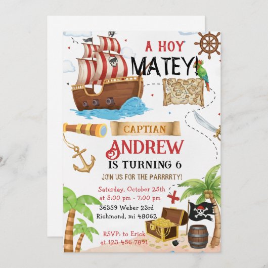 Personalized pirate child's birthday kaart (Voorkant / Achterkant)