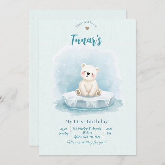 Personalized Polar Bear Birthday Invitation Kaart (Voorkant / Achterkant)