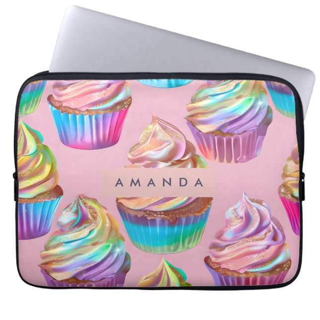 Personalized Rainbow Pastel Cupcake with Glitter Laptop Sleeve (Voorkant)
