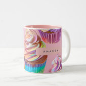 Personalized Rainbow Pastel Cupcake with Glitter Tweekleurige Koffiemok (Voorkant rechts)