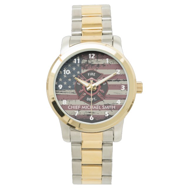 Personalized Rank Firefighter American Flag  Horloge (Voorkant)