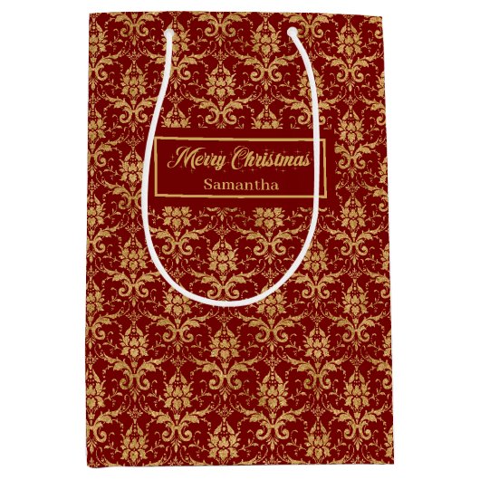 Personalized Red and Gold Christmas Gift Bag Medium Cadeauzakje (Voorkant)