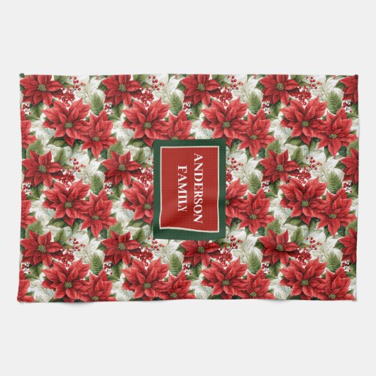 Personalized Red Floral Towel Elegant Christmas Theedoek (Horizontaal)