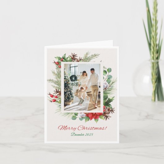 Personalized Red & Green Floral Christmas Card Feestdagen Kaart (Voorkant)
