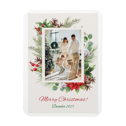 Personalized Red & Green Floral Christmas Card Magneet (Verticaal)