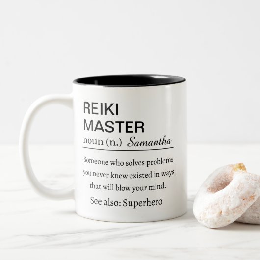 Personalized Reiki Master  Definition  Tweekleurige Koffiemok (Met donut)