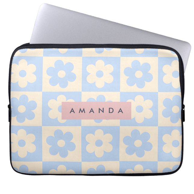 Personalized Retro Blue Daisy Pastel Flower Laptop Sleeve (Voorkant)