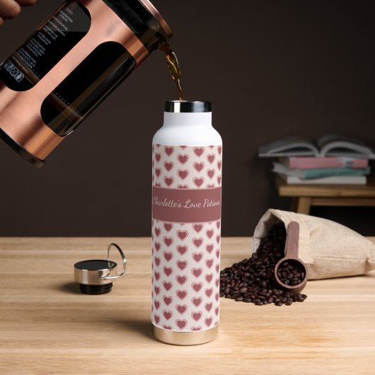 Personalized Retro Hearts Pink Burgundy Waterfles (Koffie (Gedraaid) )