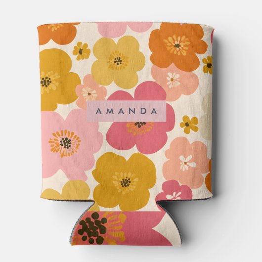 Personalized Retro Mustard and Pink Floral Blooms  Blikjeskoeler (Achterkant)