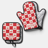 Personalized Retro Red Cherry & Gingham Checkered  Ovenwant & Pannenlap Set (Voorkant / Achterkant)