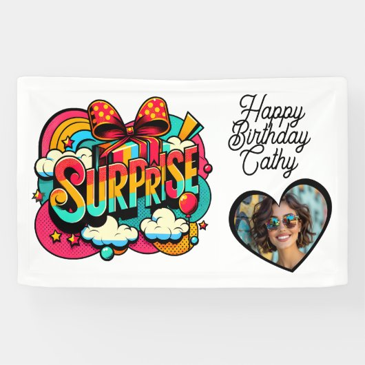 Personalized Retro Surprise Pop Art Party Birthday Spandoek (Horizontaal)