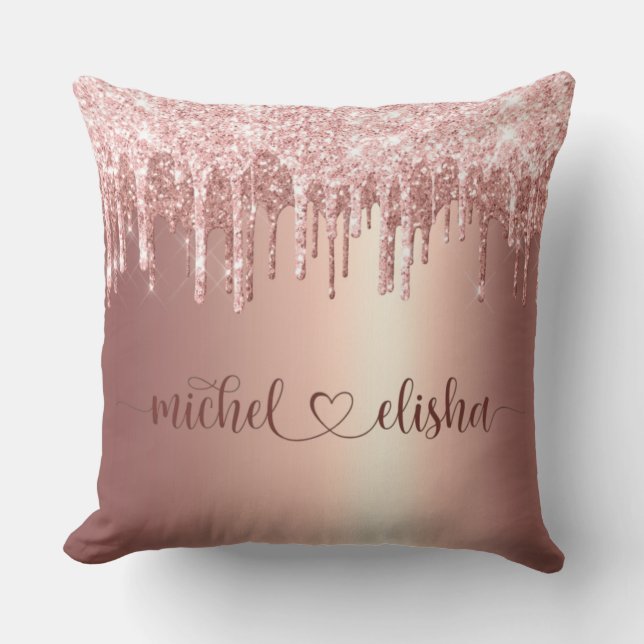 Personalized Rose Gold Glitter Drip Couple Names Kussen (Voorkant)