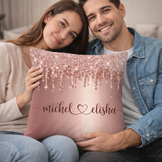 Personalized Rose Gold Glitter Drip Couple Names Kussen