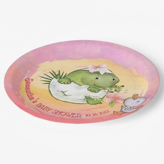 Personalized Round Dino & Duckling Baby Shower  Papieren Bordje (Gekanteld)