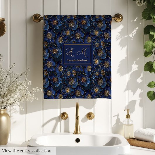 Personalized Royal Blue Towels Chic Gold Flower