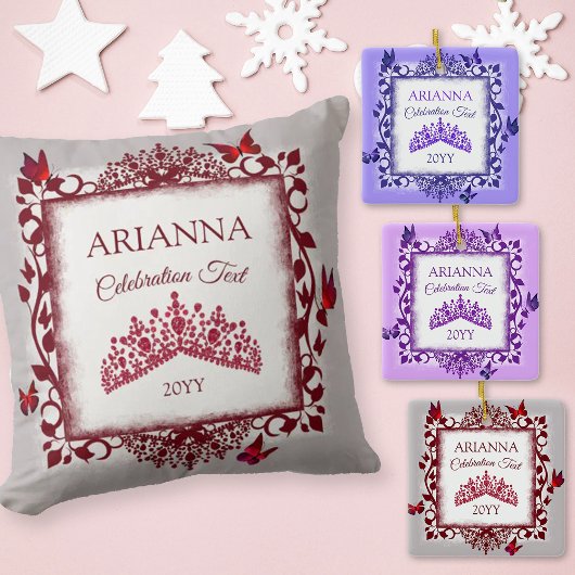 Personalized Royal Purple Tiara & Butterflies Keramisch Ornament