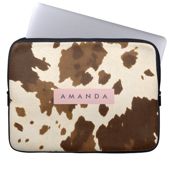 Personalized Rustic Brown Cowhide Print Laptop Sleeve (Voorkant)