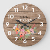 Personalized Rustic Wood And Pink Floral Kitchen Grote Klok (Voorkant)