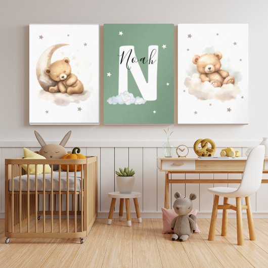Personalized Sage Green Bear Nursery Decor Muurkunst Sets