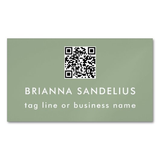 Personalized Sage Green Modern Script QR Code Magnetisch Visitekaartje (Voorkant)