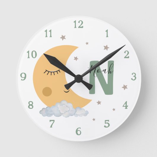 Personalized Sage Green Moon Nursery Clock Custom Ronde Klok (Voorkant)