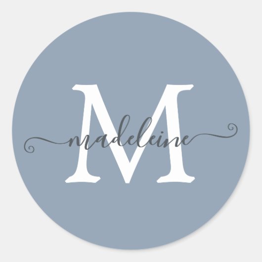 Personalized Script Name Monogram Dusty Blue Ronde Sticker (Voorkant)