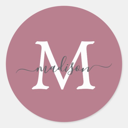 Personalized Script Name Monogram Dusty Rose Ronde Sticker (Voorkant)