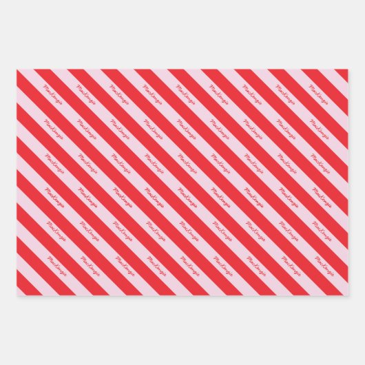 Personalized Script Name Red Pink Candy Stripe Inpakpapier Vel (Voorkant)
