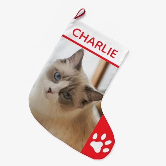 Personalized Simple Paw Pet Photo Monogram Name Grote Kerstsok (Voorkant (Hangend))