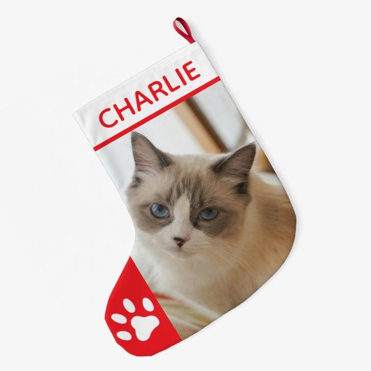 Personalized Simple Paw Pet Photo Monogram Name Grote Kerstsok (Achterkant (Hangend))