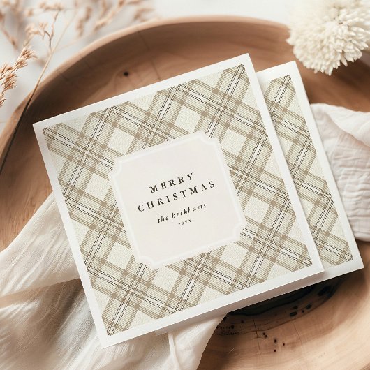 Personalized Soft Beige Gingham Merry Christmas Servet