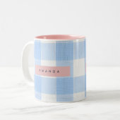 Personalized Soft Pastel Sky Blue Gingham  Tweekleurige Koffiemok (Voorkant links)