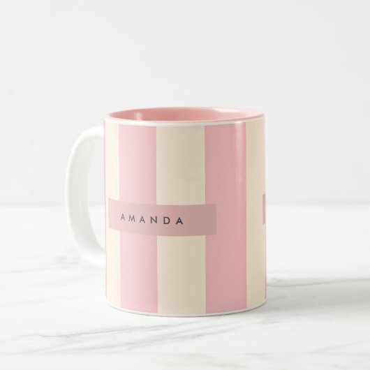 Personalized Soft Pink and Cream Stripe Tweekleurige Koffiemok (Voorkant links)