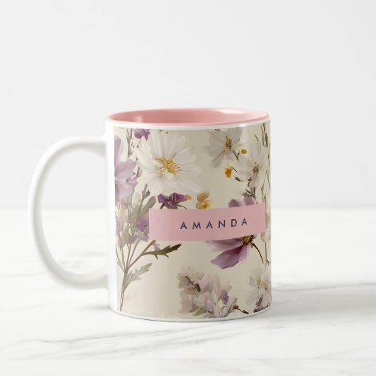 Personalized Soft Wildflower Meadow Floral Tweekleurige Koffiemok (Links)
